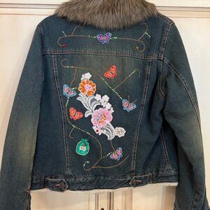 Lapis One-Of-A-Kind Embroidered Beaded Fur Collar, Sherpa Lined Jean Jacket